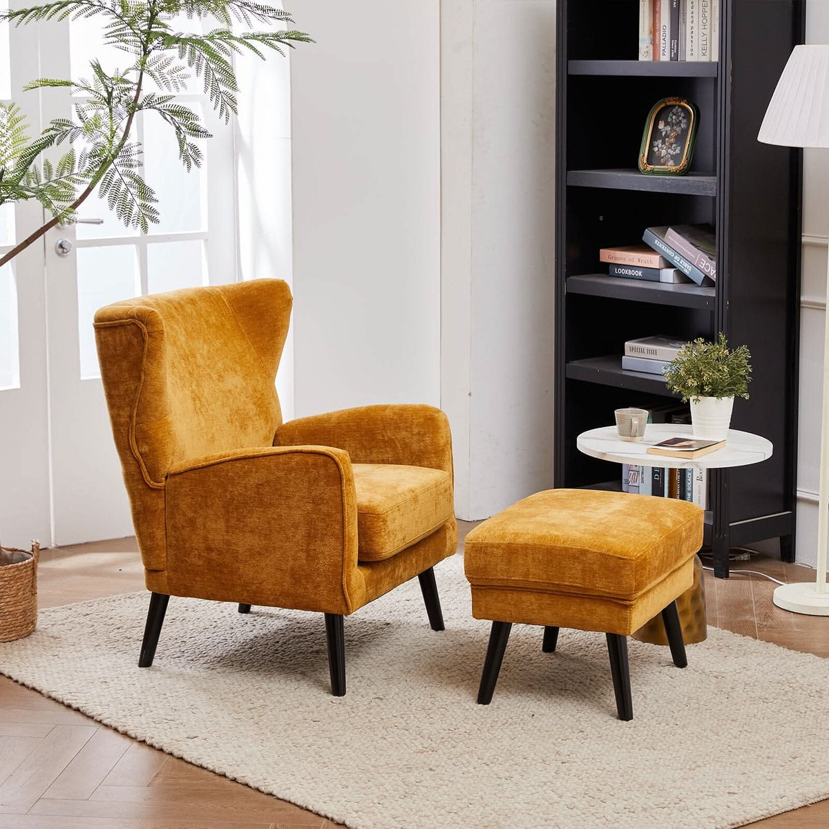 Chenille & Velvet Accent Chair with Ottoman Set