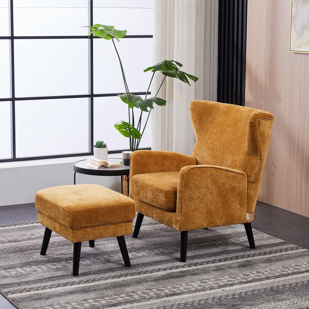 Chenille & Velvet Accent Chair with Ottoman Set