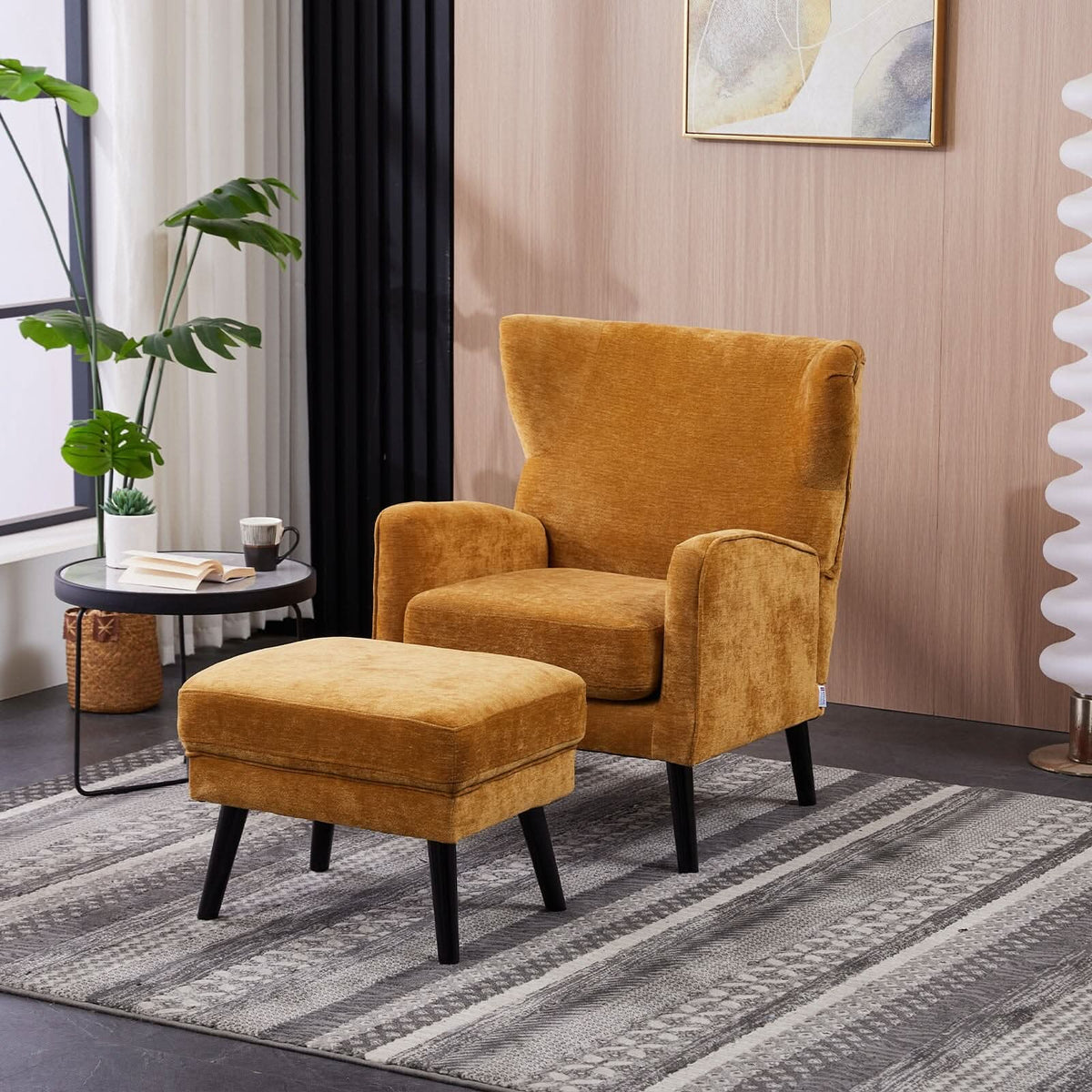 Chenille & Velvet Accent Chair with Ottoman Set