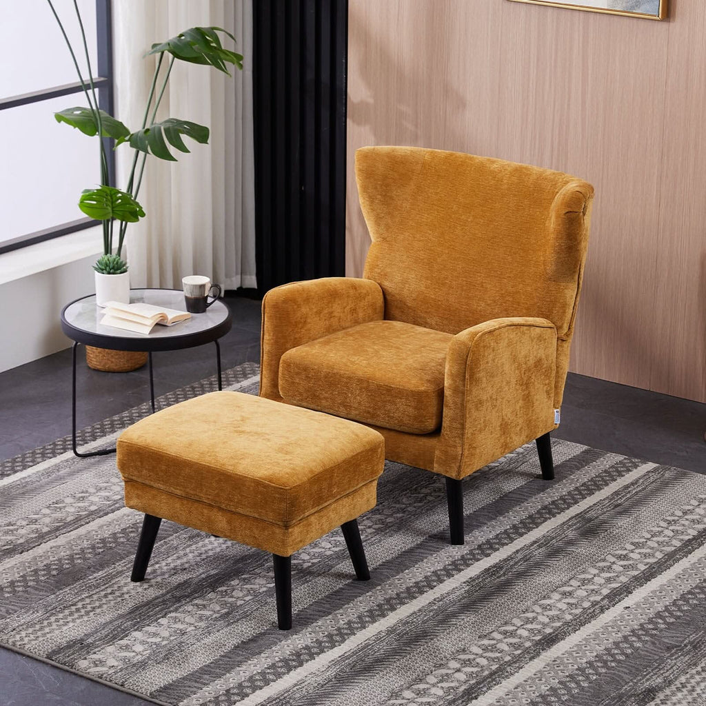 Chenille & Velvet Accent Chair with Ottoman Set