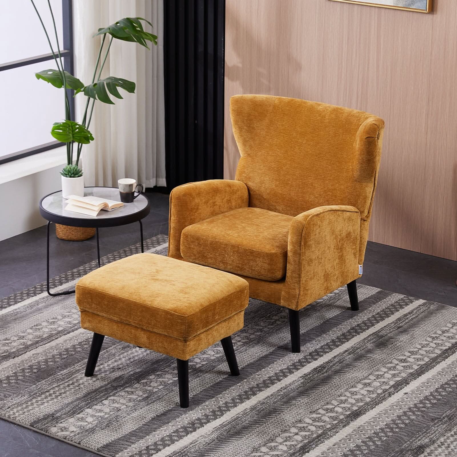 Chenille & Velvet Accent Chair with Ottoman Set