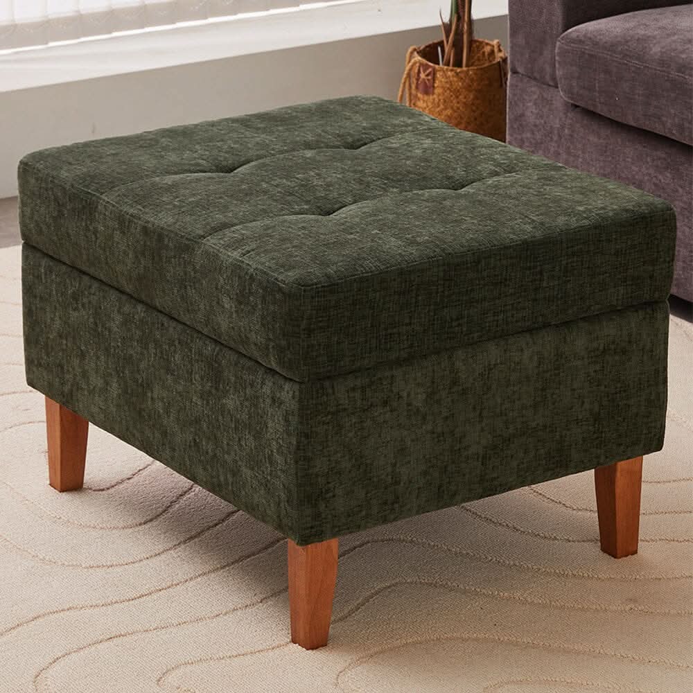 Chenille Upholstered Storage Ottoman with Lift-Up Lid and Solid Wood Legs