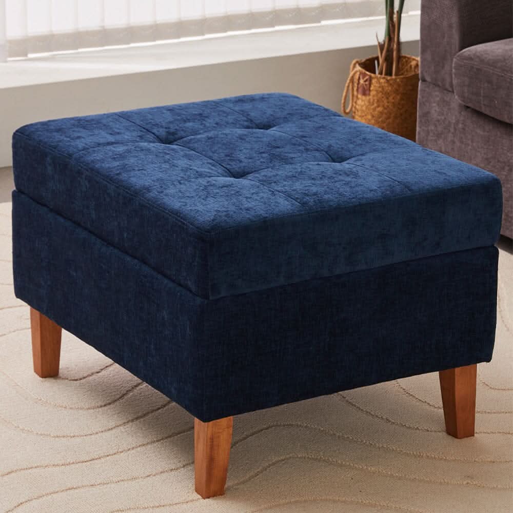 Chenille Upholstered Storage Ottoman with Lift-Up Lid and Solid Wood Legs