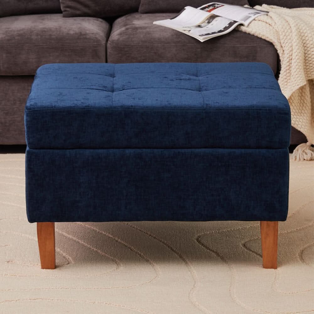 Chenille Upholstered Storage Ottoman with Lift-Up Lid and Solid Wood Legs