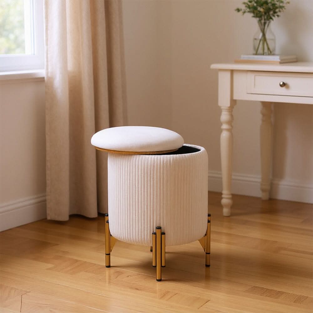 Velvet Storage Ottoman with Removable Tray Lid and Gold Metal Legs