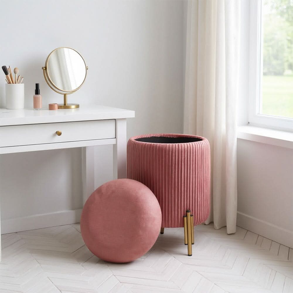 Velvet Storage Ottoman with Removable Tray Lid and Gold Metal Legs