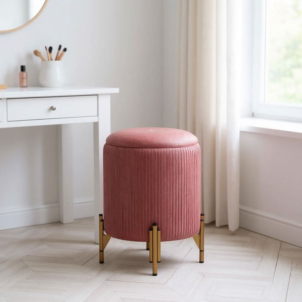 Velvet Storage Ottoman with Removable Tray Lid and Gold Metal Legs