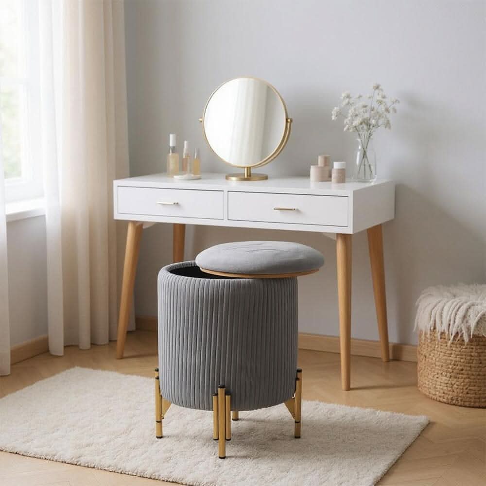 Velvet Storage Ottoman with Removable Tray Lid and Gold Metal Legs