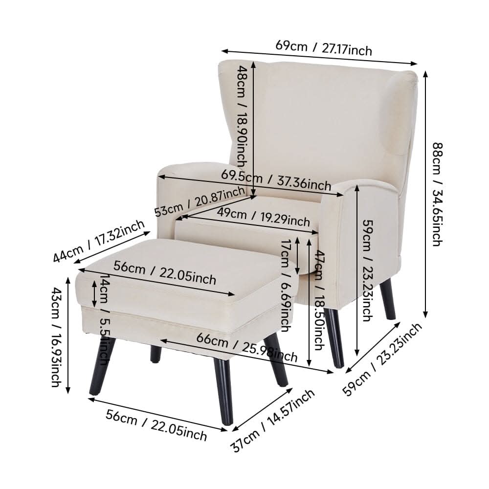 Chenille & Velvet Accent Chair with Ottoman Set