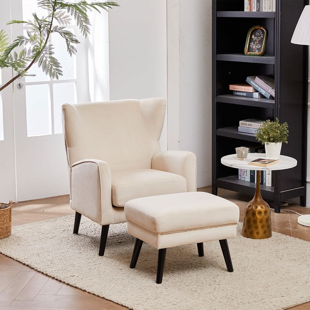 Chenille & Velvet Accent Chair with Ottoman Set