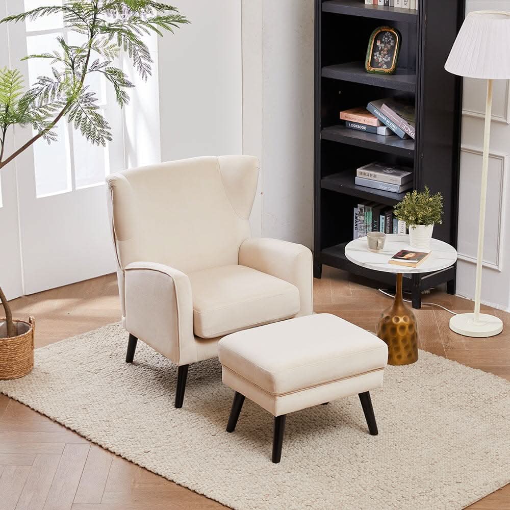 Chenille & Velvet Accent Chair with Ottoman Set