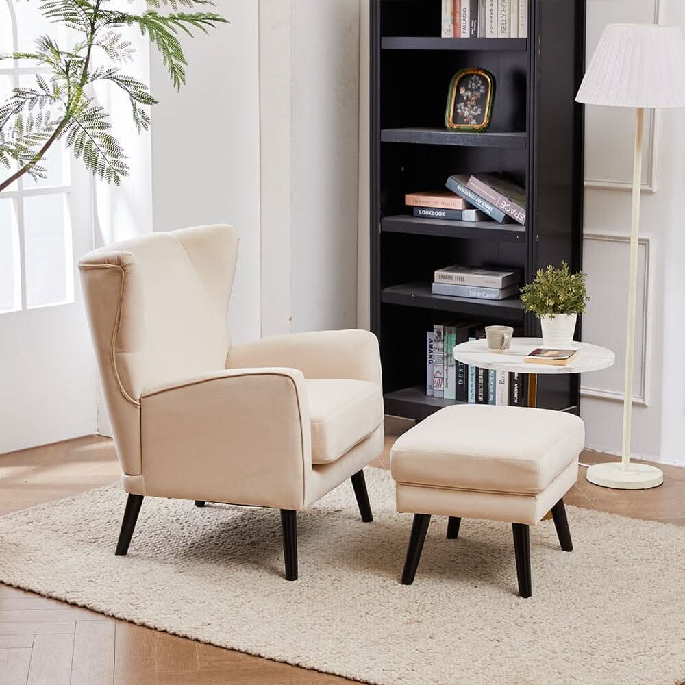 Chenille & Velvet Accent Chair with Ottoman Set