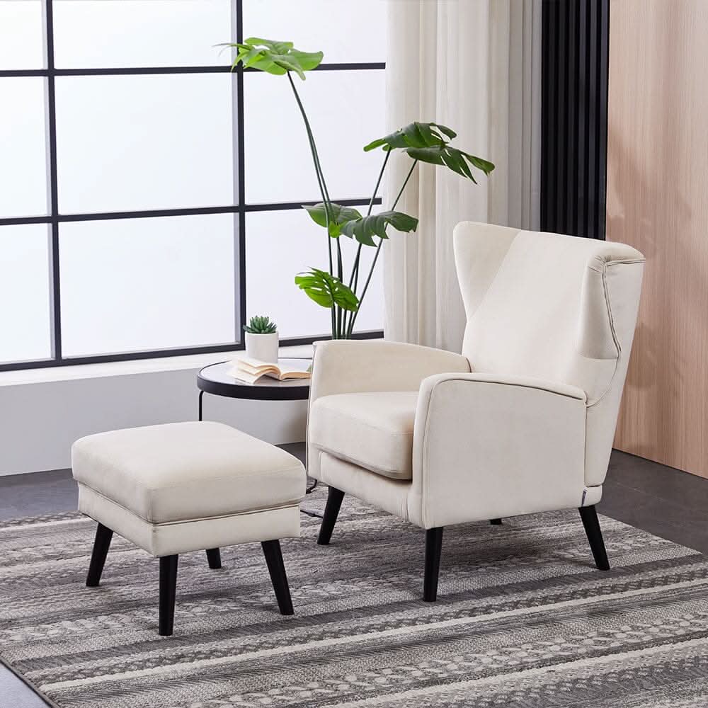 Chenille & Velvet Accent Chair with Ottoman Set