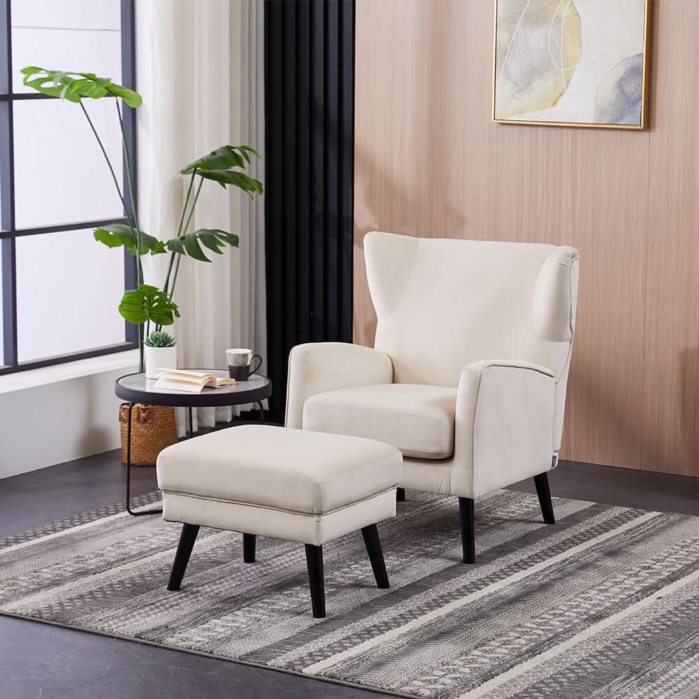 Chenille & Velvet Accent Chair with Ottoman Set