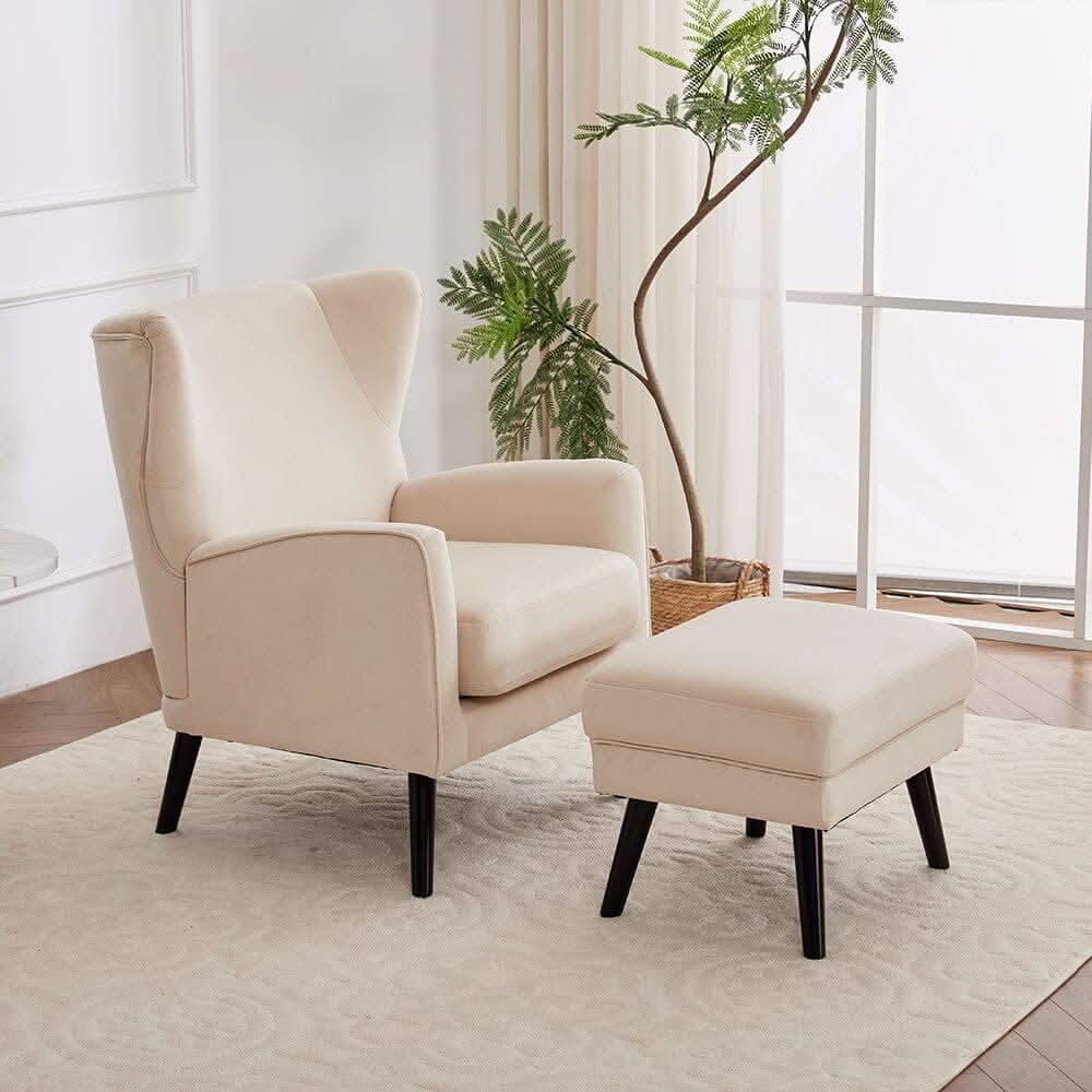 Chenille & Velvet Accent Chair with Ottoman Set