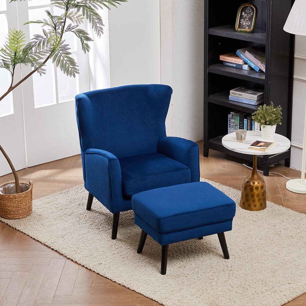 Chenille & Velvet Accent Chair with Ottoman Set