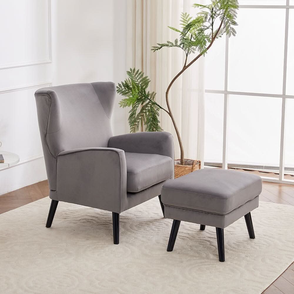 Chenille & Velvet Accent Chair with Ottoman Set