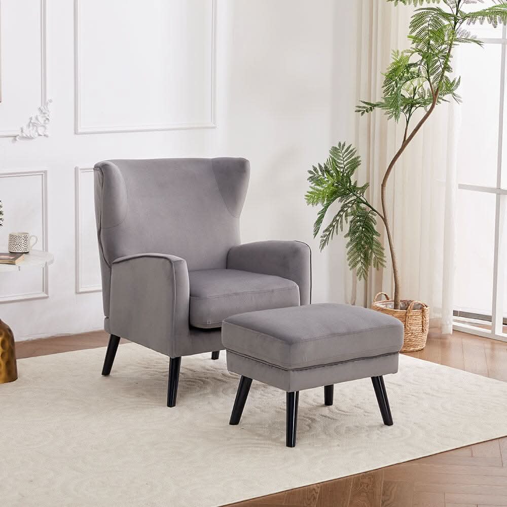 Chenille & Velvet Accent Chair with Ottoman Set