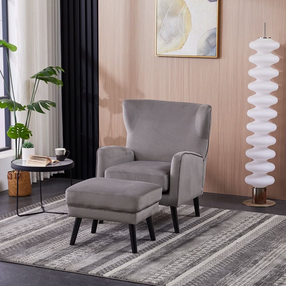 Chenille & Velvet Accent Chair with Ottoman Set