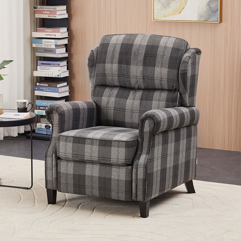 Grey & Black Check Linen Recliner Chair with Adjustable Foot Nails and Wooden Legs