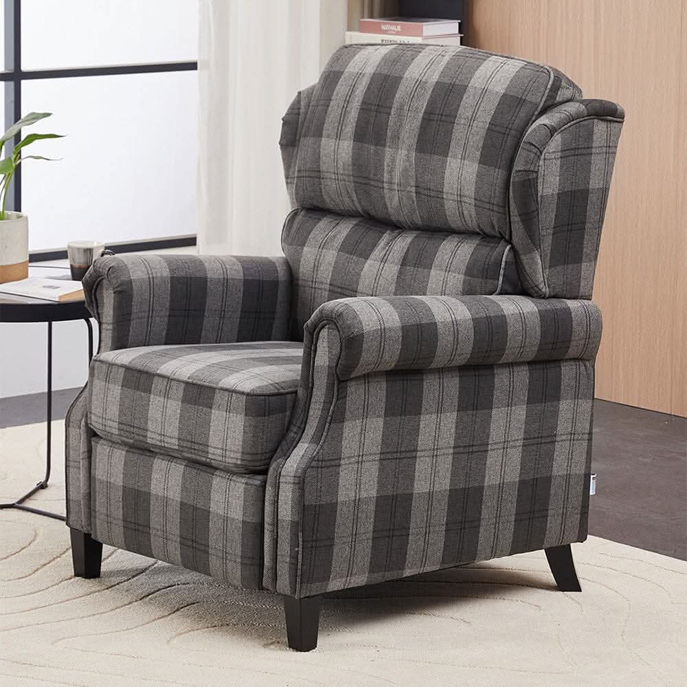 Grey & Black Check Linen Recliner Chair with Adjustable Foot Nails and Wooden Legs