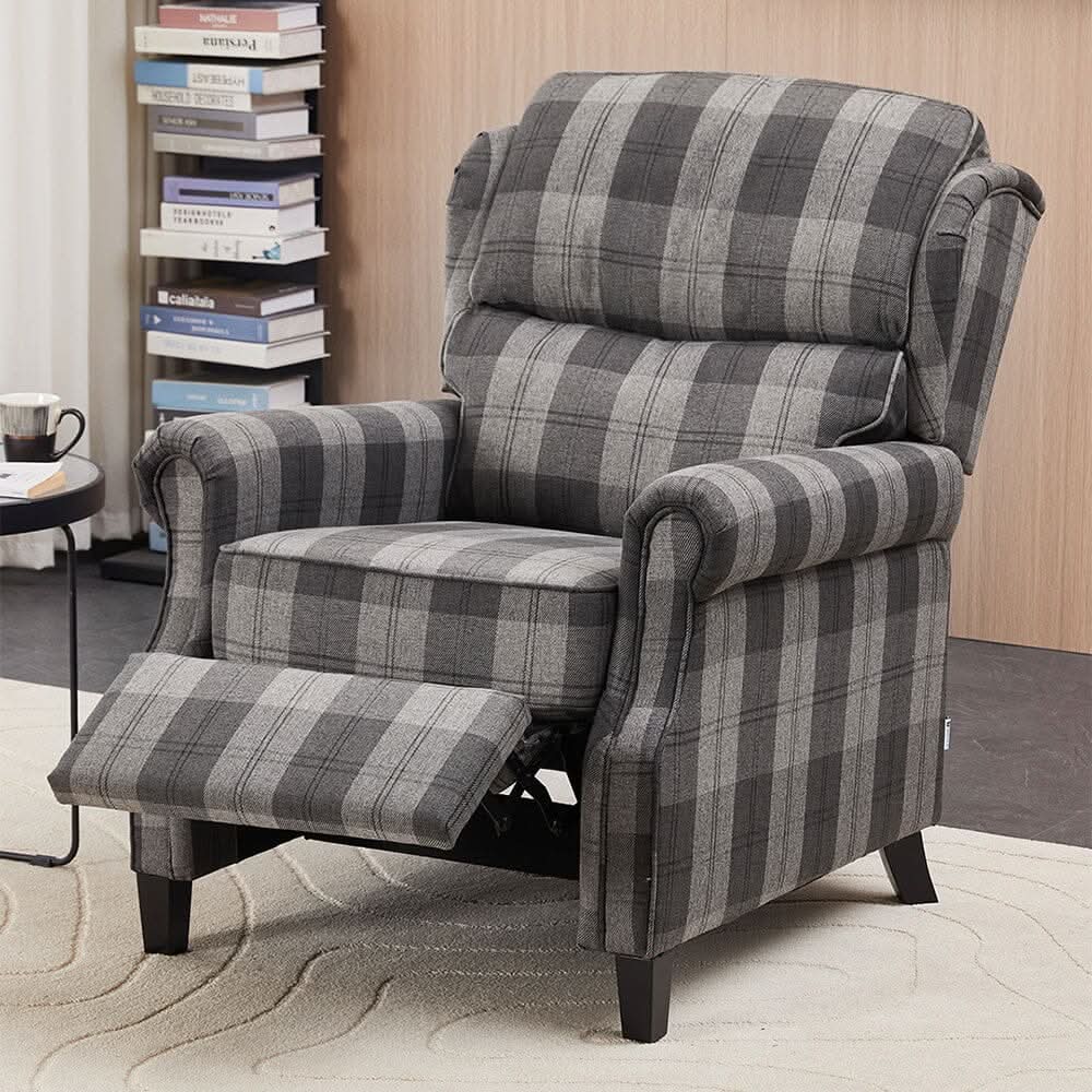 Grey & Black Check Linen Recliner Chair with Adjustable Foot Nails and Wooden Legs