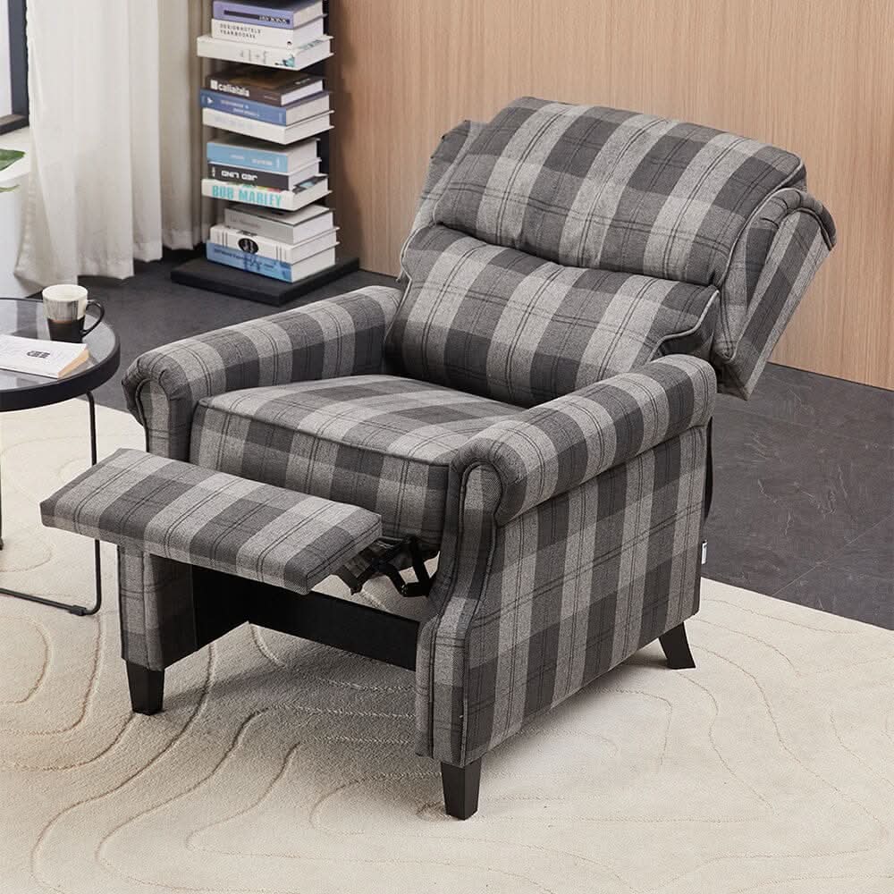 Grey & Black Check Linen Recliner Chair with Adjustable Foot Nails and Wooden Legs