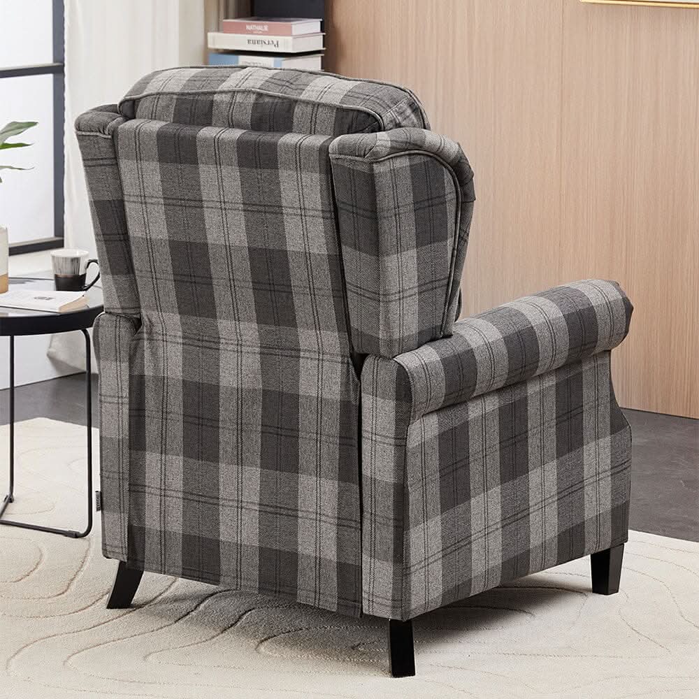 Grey & Black Check Linen Recliner Chair with Adjustable Foot Nails and Wooden Legs