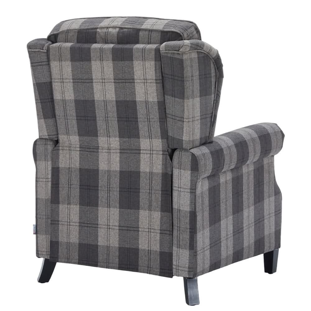 Grey & Black Check Linen Recliner Chair with Adjustable Foot Nails and Wooden Legs