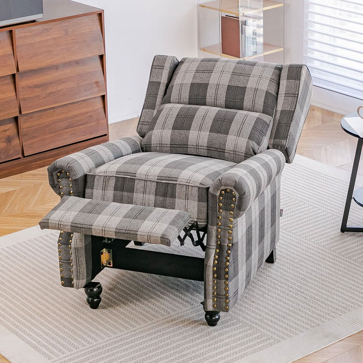 Linen Recliner Chair with Round Front Legs and Adjustable Foot Nails