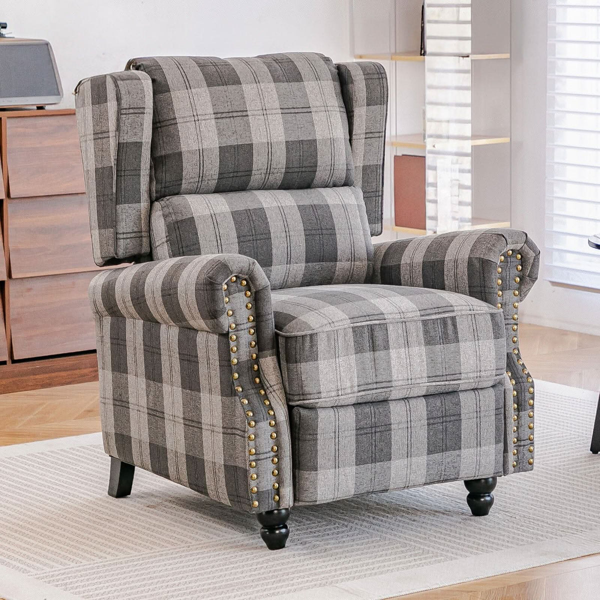 Linen Recliner Chair with Round Front Legs and Adjustable Foot Nails