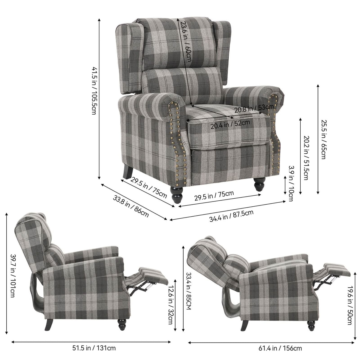 Linen Recliner Chair with Round Front Legs and Adjustable Foot Nails