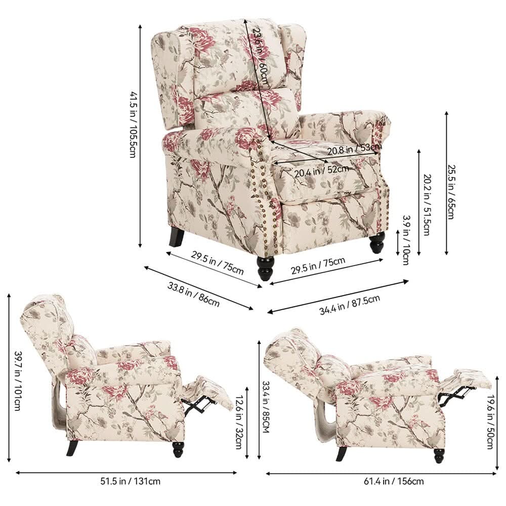 Linen Recliner Chair with Round Front Legs and Adjustable Foot Nails
