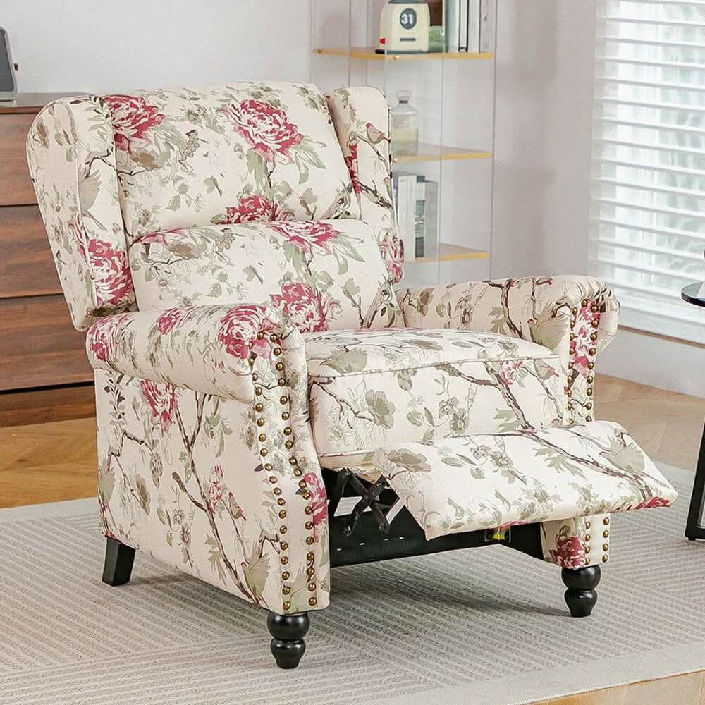 Linen Recliner Chair with Round Front Legs and Adjustable Foot Nails