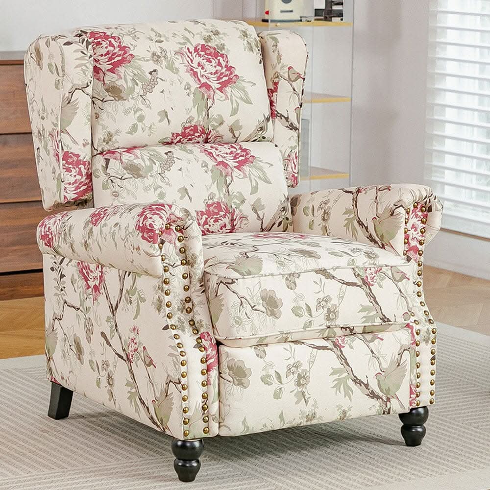 Linen Recliner Chair with Round Front Legs and Adjustable Foot Nails