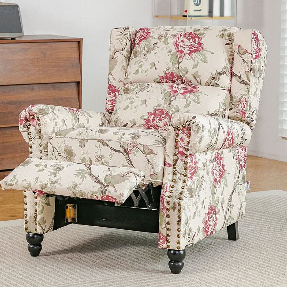 Linen Recliner Chair with Round Front Legs and Adjustable Foot Nails