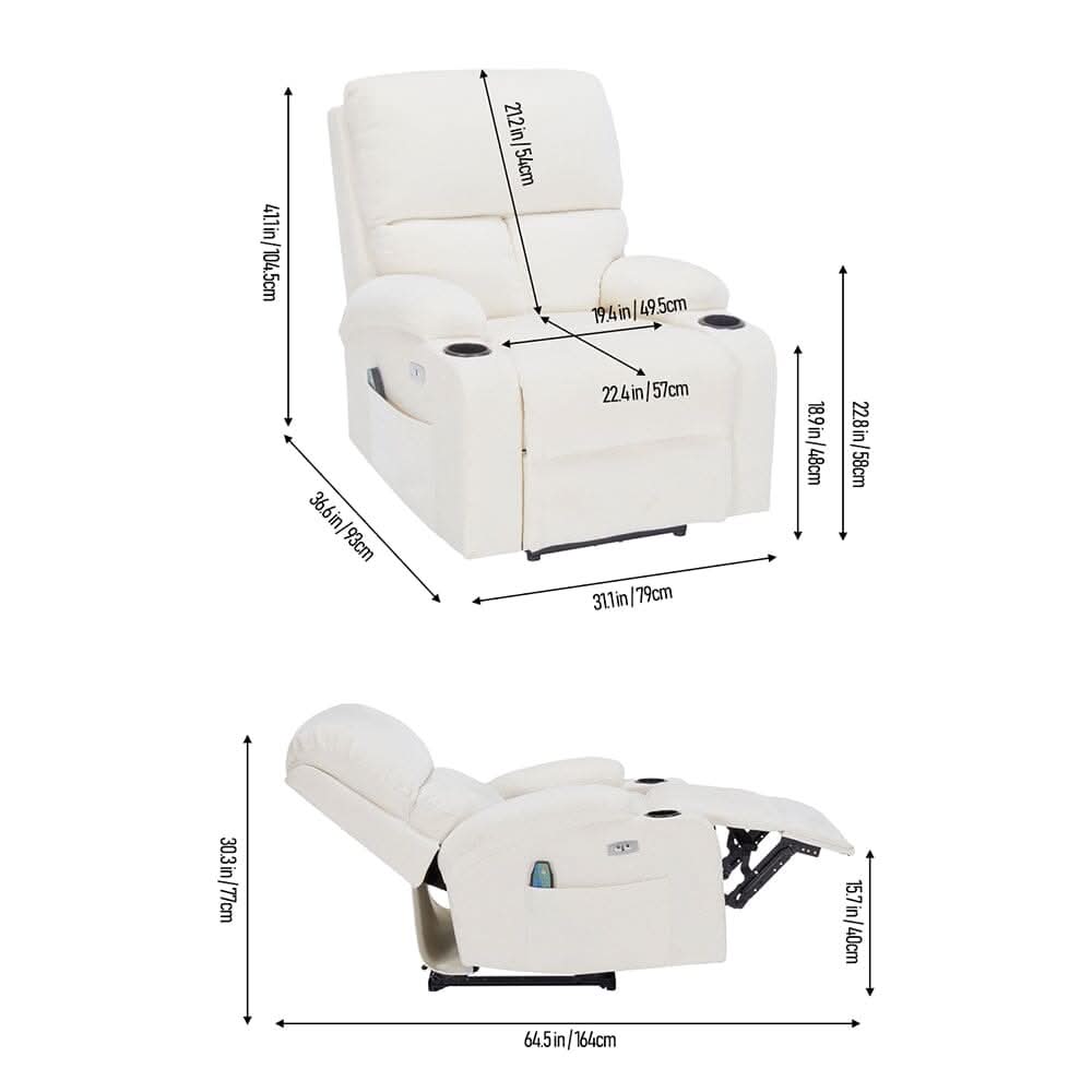 Electric Recliner Sofa with 8-Point Massage Heating Function and Cup Holders