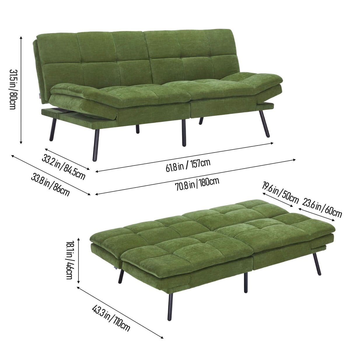 Adjustable Sofa Bed with Tufted Upholstery and Foldable Armrests