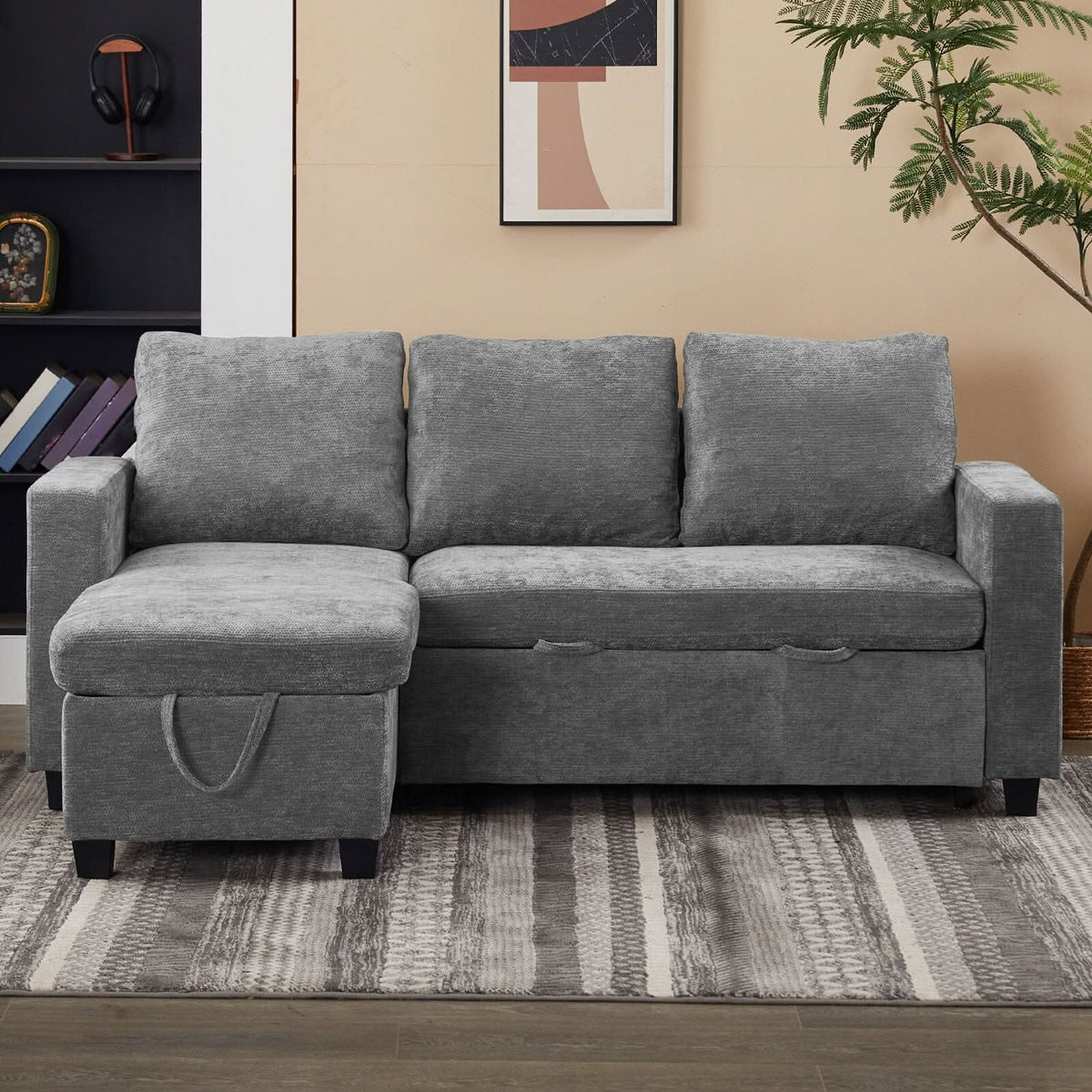Pull-Out Sofa Bed with Storage Chaise and Soft Upholstery