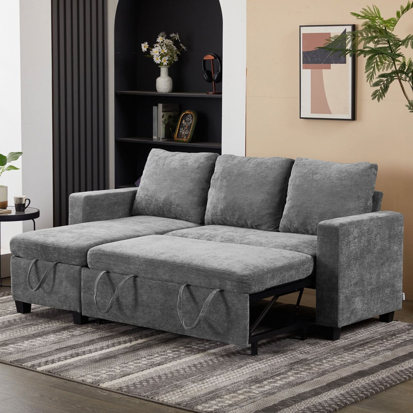 Pull-Out Sofa Bed with Storage Chaise and Soft Upholstery