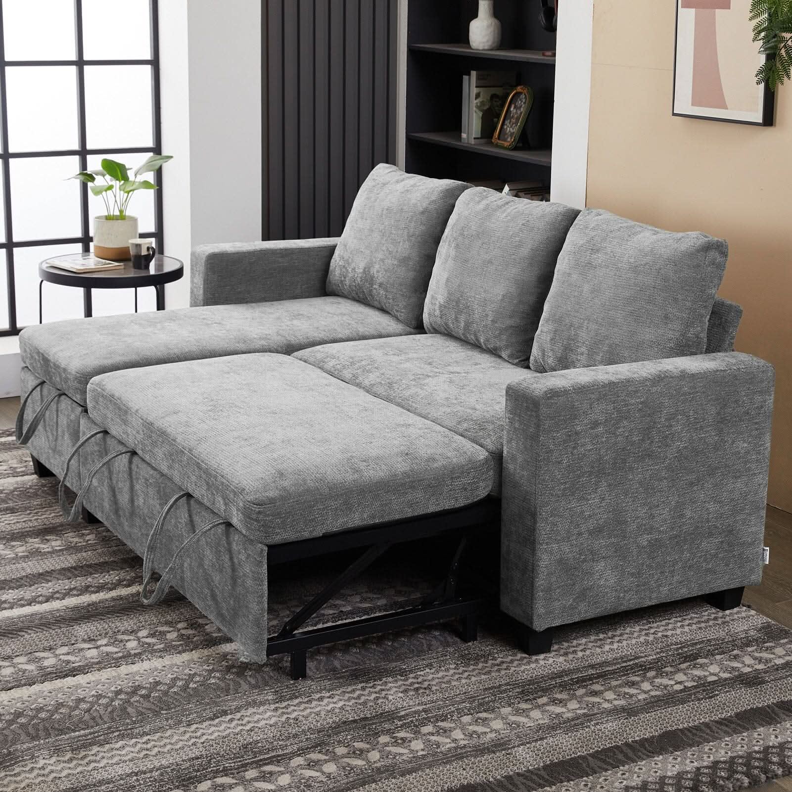 Pull-Out Sofa Bed with Storage Chaise and Soft Upholstery