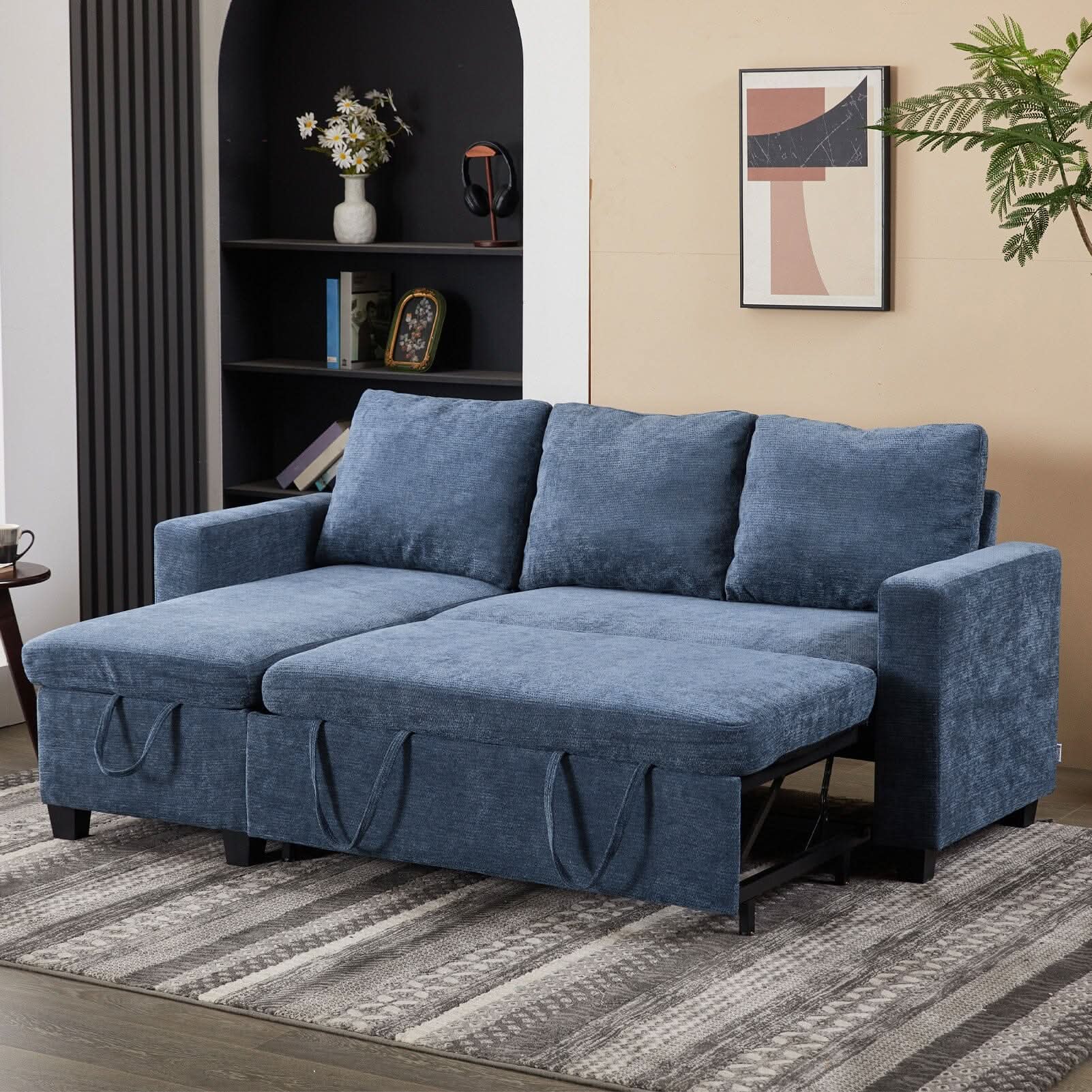Pull-Out Sofa Bed with Storage Chaise and Soft Upholstery