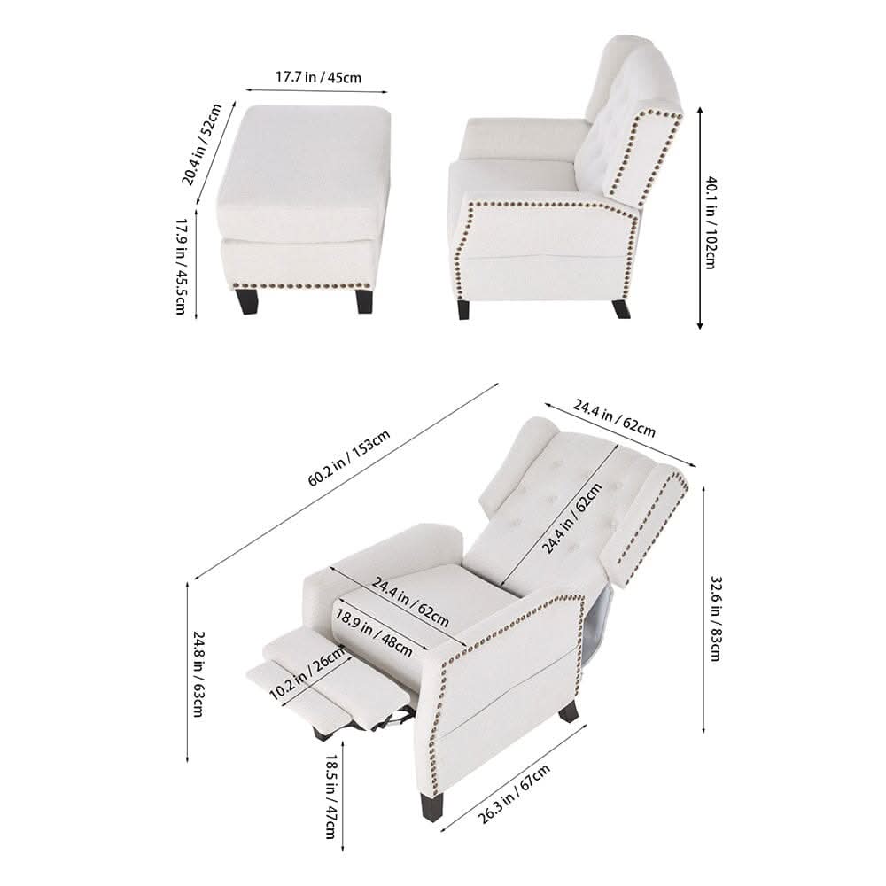 Chenille Push-Back Recliner Chair with Ottoman and Brass Nail Trim