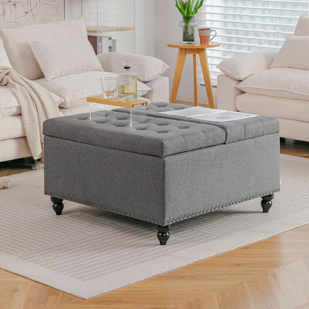 Large Square Storage Ottoman with Tufted Upholstery and Solid Wood Legs