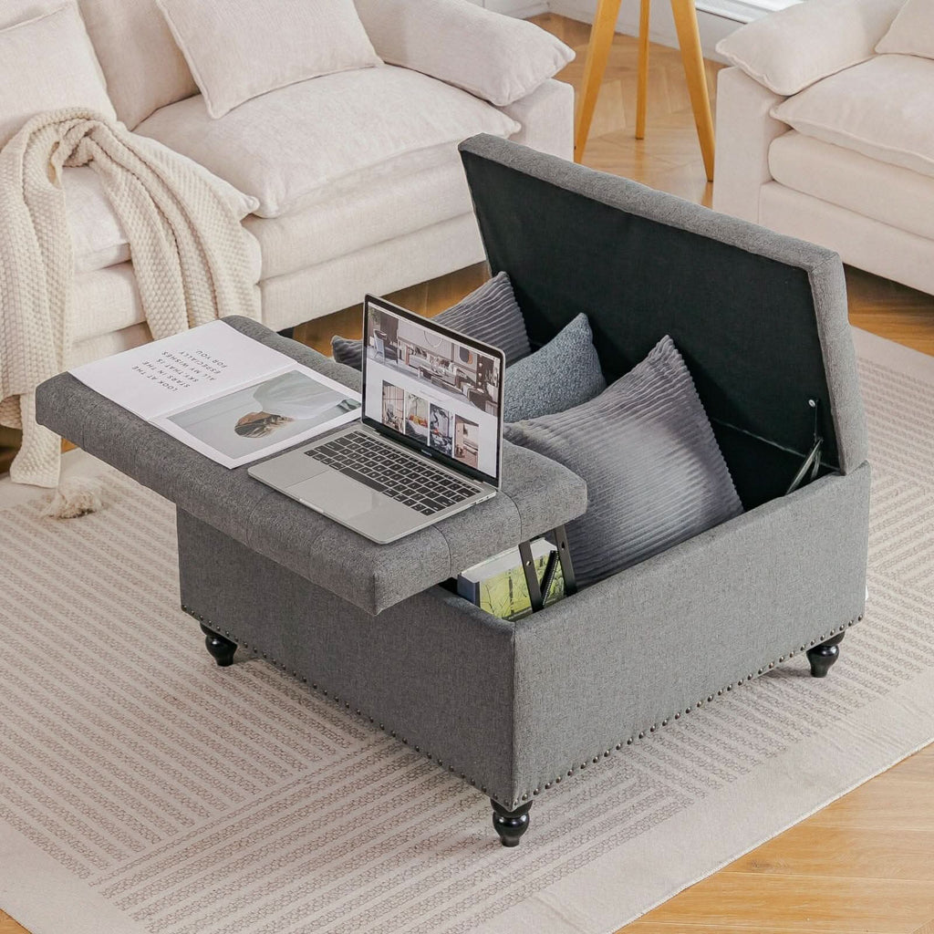 Large Square Storage Ottoman with Tufted Upholstery and Solid Wood Legs