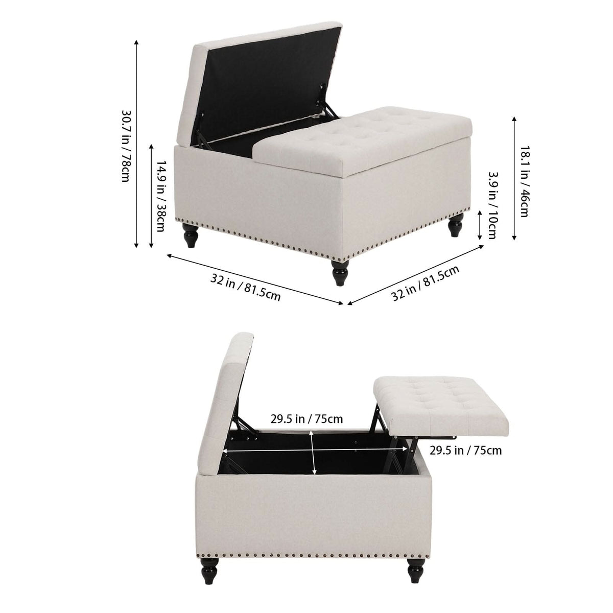 Large Square Storage Ottoman with Tufted Upholstery and Solid Wood Legs