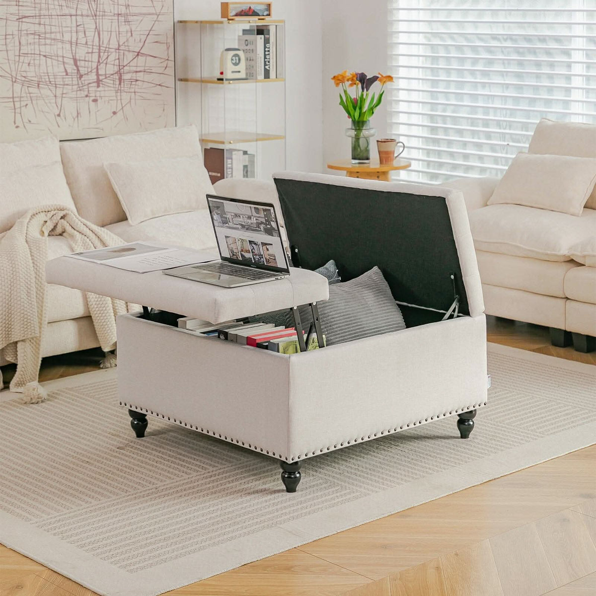 Large Square Storage Ottoman with Tufted Upholstery and Solid Wood Legs