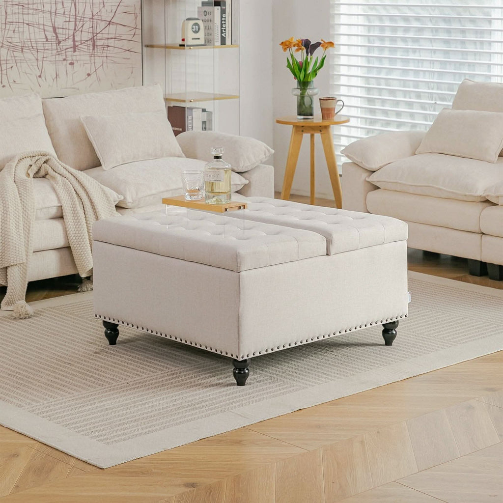 Large Square Storage Ottoman with Tufted Upholstery and Solid Wood Legs