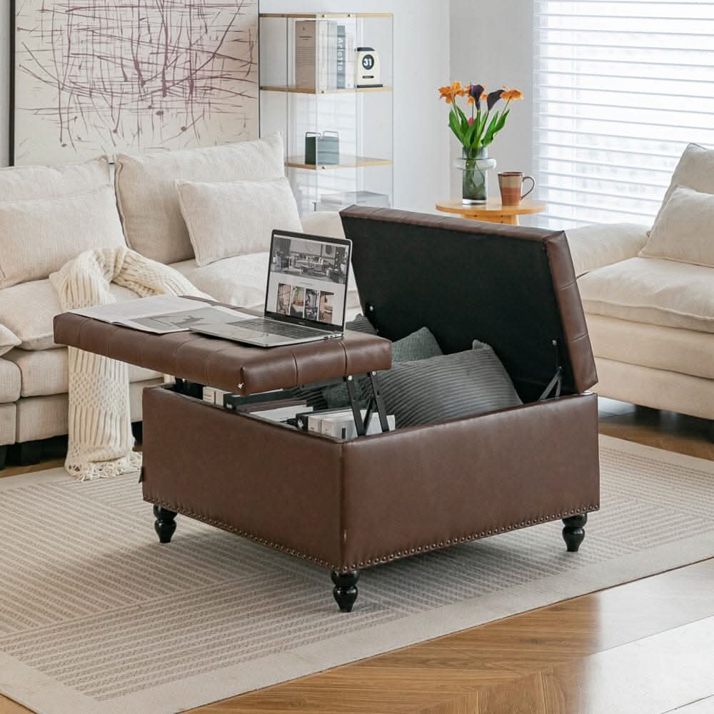 Large Square Storage Ottoman with Tufted Upholstery and Solid Wood Legs