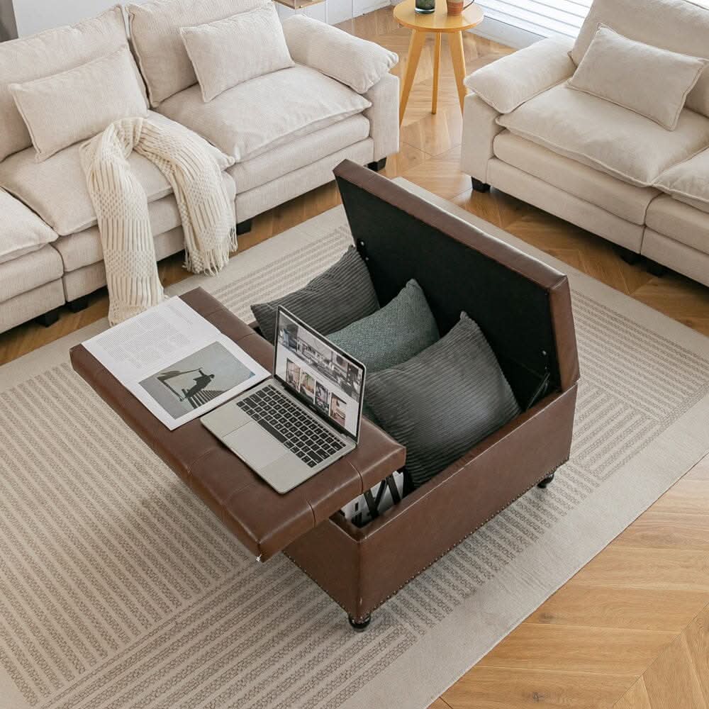 Large Square Storage Ottoman with Tufted Upholstery and Solid Wood Legs